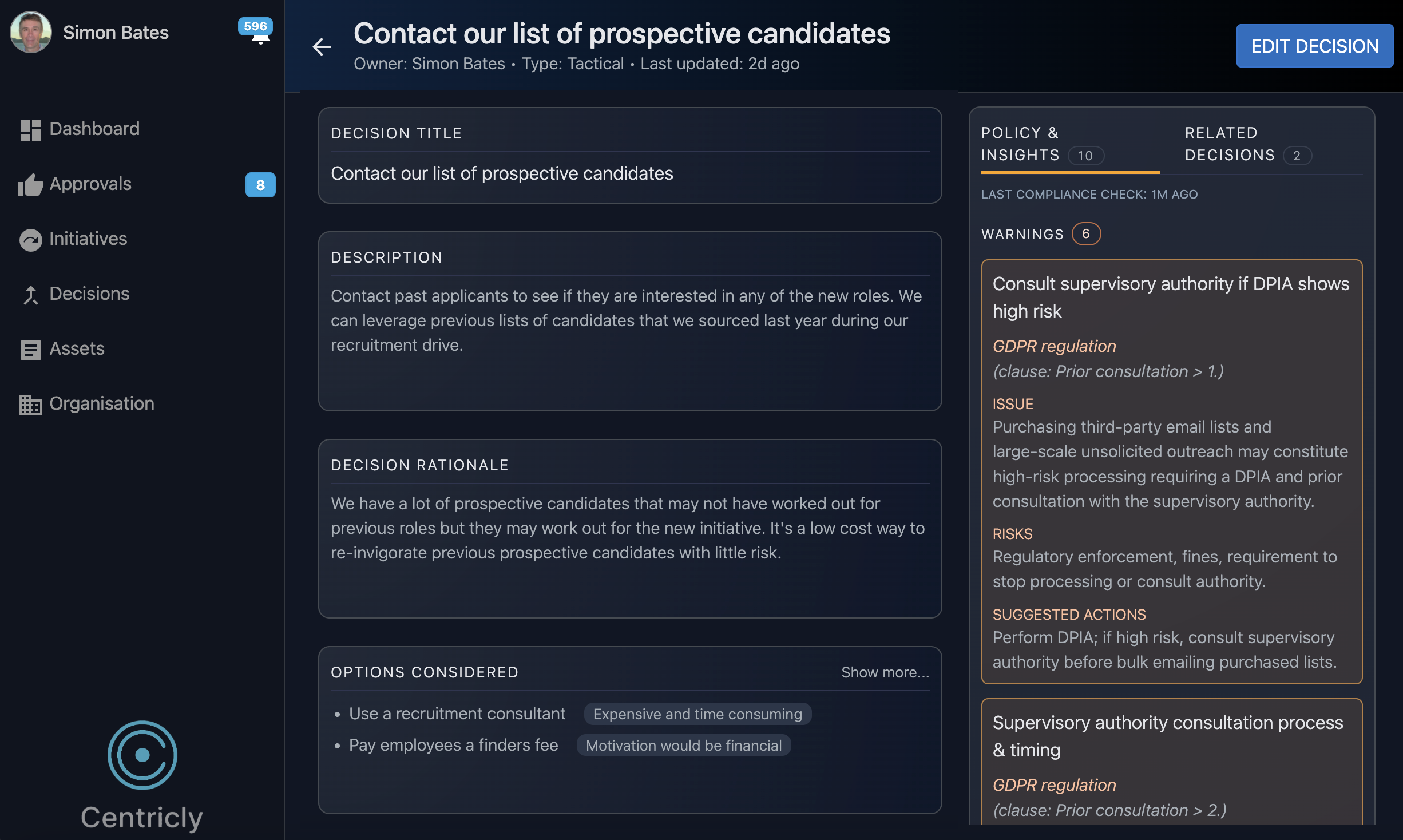 Centricly decision page showing policy violations, warnings, and recommendations